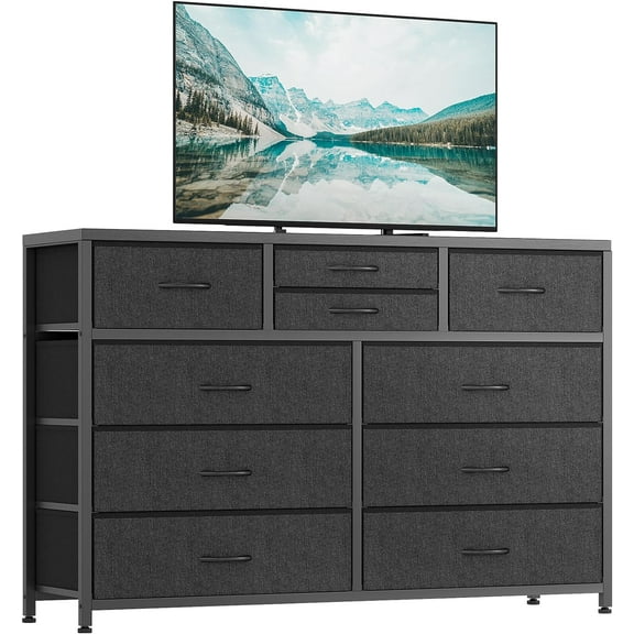 Dresser for Bedroom TV Stand for 55” TV, Entertainment Center with 10 Drawers, Storage Organizer Unit for Living Room, Closet, Entryway, Hallway (Black)