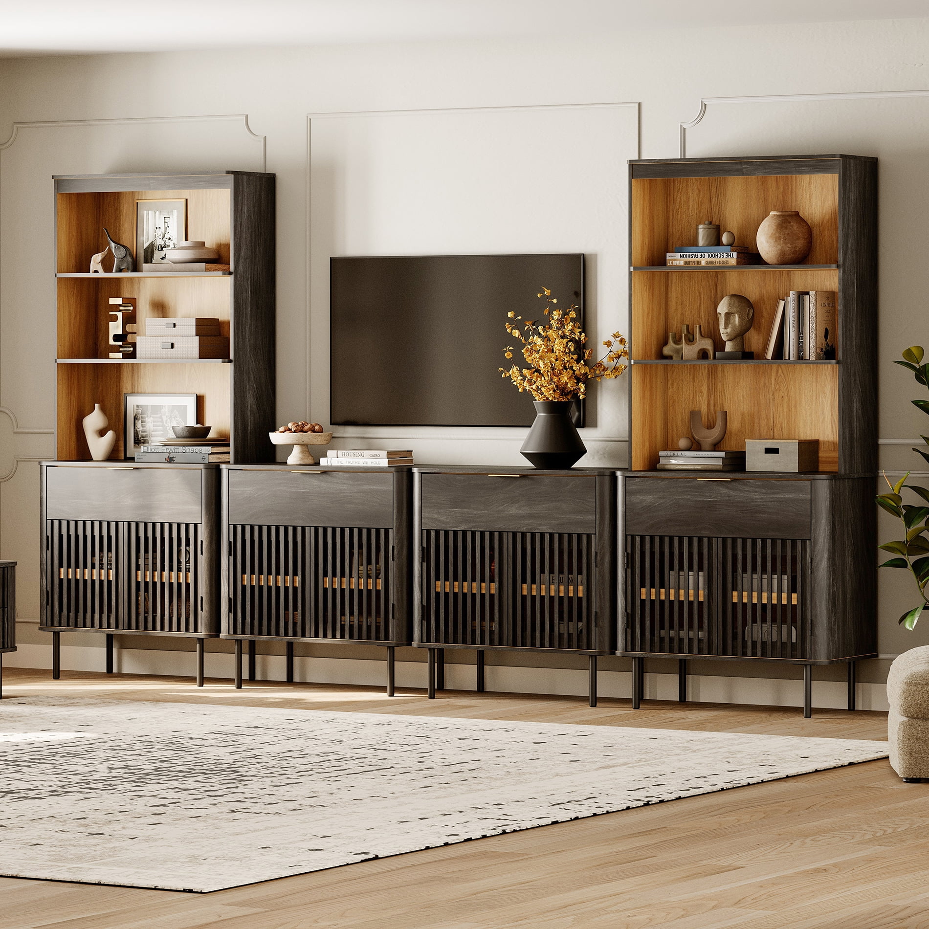 126" W Media Center with Bookcases – TV Stand for TVs Up to 75",Black