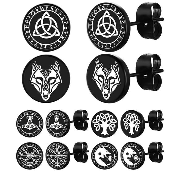 FaithHeart 6 Pairs Norse Viking Dot Stud Earrings Set for Men Black Compass Thor's Hammer Celtic Wolf Tree of Life Ear Studs Jewelry Gift for Boyfriend Husband Valentine's Day