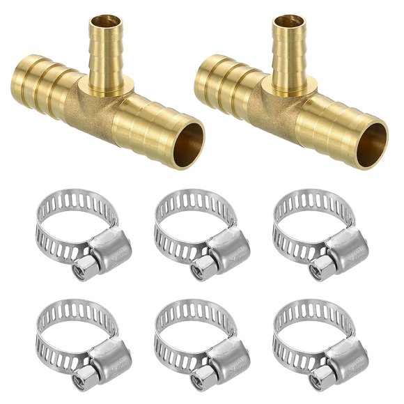 2pack Brass Hose Barb Fittings, 3-Way Tee 5/8" Barbed x 3/8" Barbed x 5/8" Barbed, with 6pack Hose Clamps