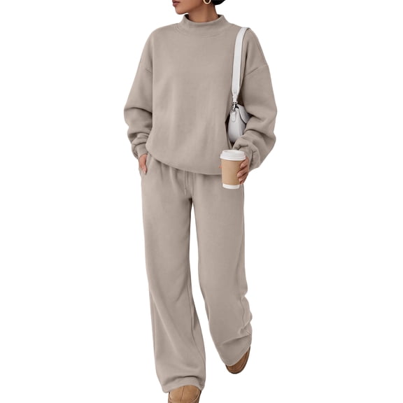 SUNBS 2 Piece Women's Sweatsuits Fall Mock Neck Sweatshirts Outfits Loungewear Wide Leg Sweatpants Tracksuit with Pocket