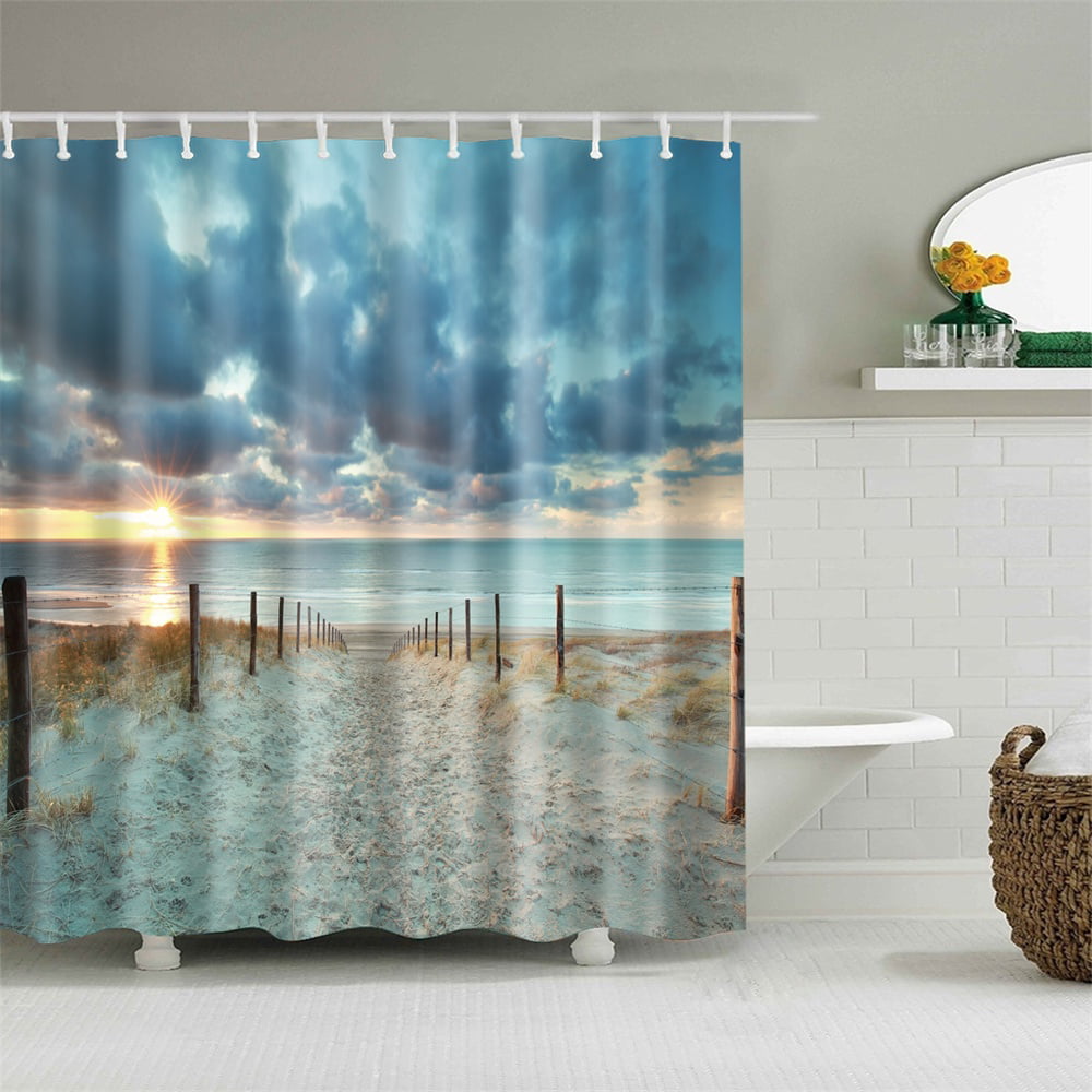 Shower Curtain Set With Hooks Natural Scenery Beach Road Far Away Sky ...