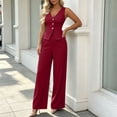 thumbnail image 4 of Mifsaly Womens Suits 2 Piece Set Business Casual office Work formal Matching Outfits Elegant V Neck Sleeveless Button Vest Top and High Waist Wide Leg Trousers Wine,XXXL, 4 of 5