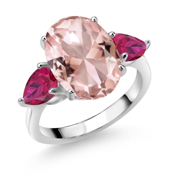 Gem Stone King 925 Sterling Silver Peach Nano Morganite and Red Created Ruby Ring for Women (11.20 Cttw, 14X10MM Oval and 7X5MM Pear Shape, Gemstone October Birthstone, Size 5)