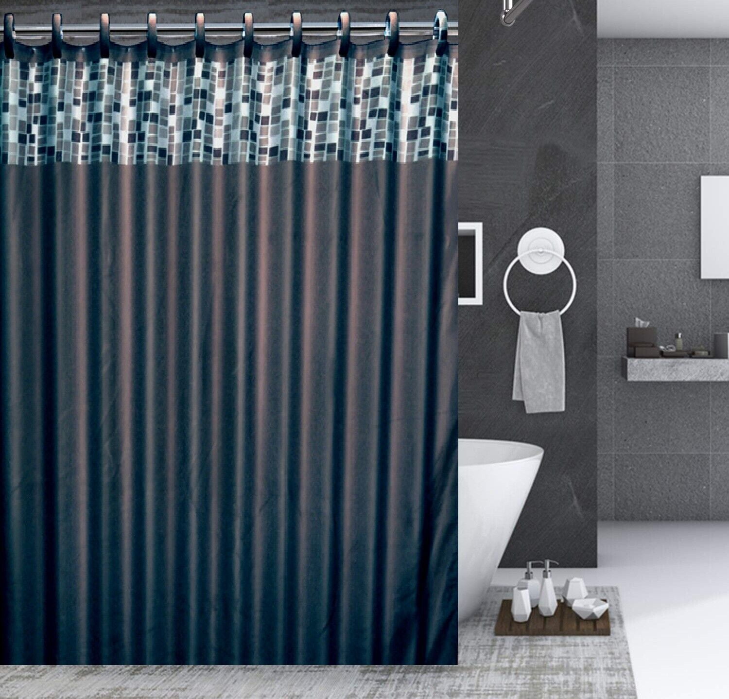 17 Pieces Bathroom Complete Set Shower Curtain with Hooks and Ceramic Accessories Set ( Mosaic Black )