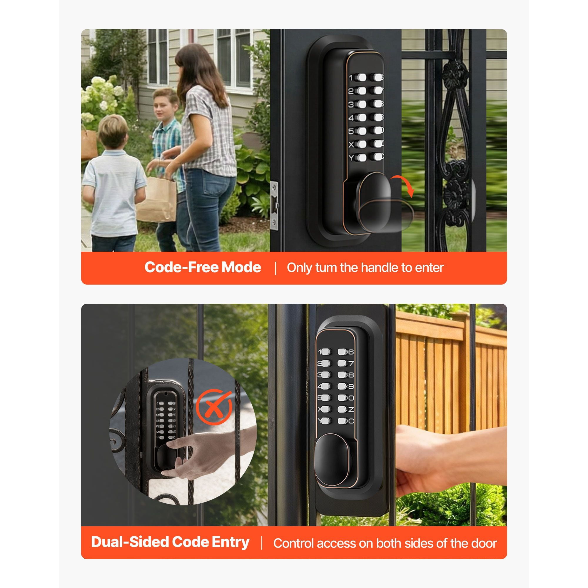 Mechanical Keyless Door Lock Gen2 Double-Sided 4-7 Digit Code No Batteries 1.4-2.5 Inch Door Thickness for Front Gate