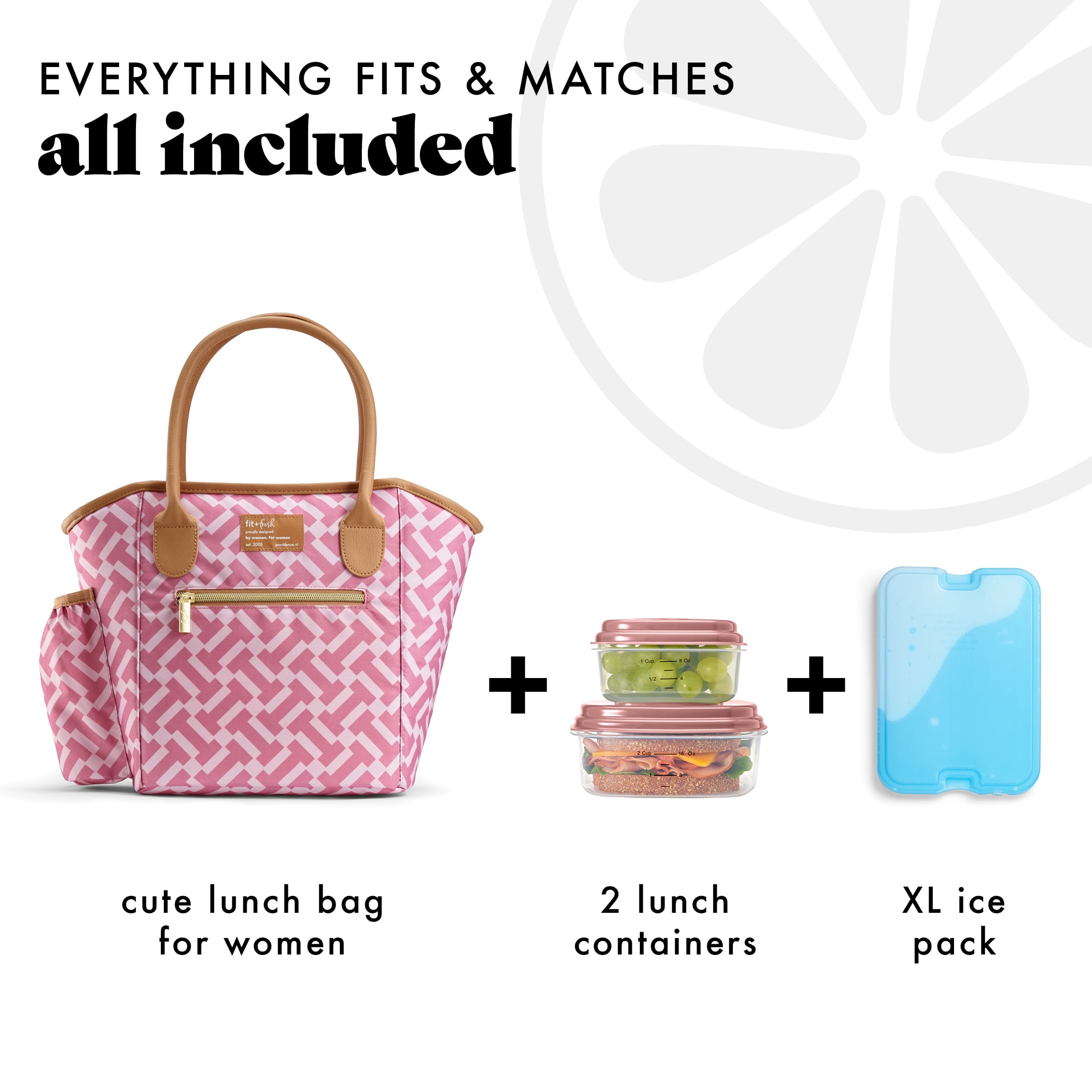 Fit & Fresh Beechwood Lunch Bag for Women, Women's Large Reusable Lunch Tote, Includes Containers and XL Slim Ice, Pink, a Practical and Fashionable Choice for School, Office, Travel and Activities