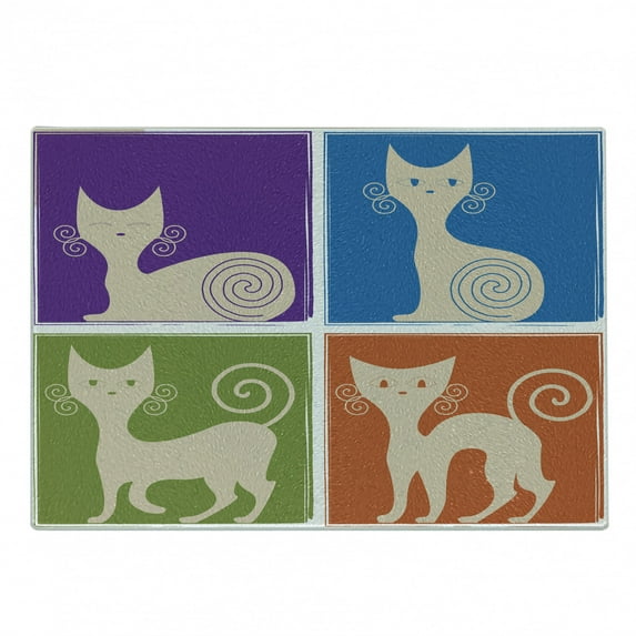 Funny Cutting Board, Cartoon Cats Whiskers Emotion Happy Confused Curious Kitty Print, Decorative Tempered Glass Cutting and Serving Board, Small Size, Orange Purple Green, by Ambesonne