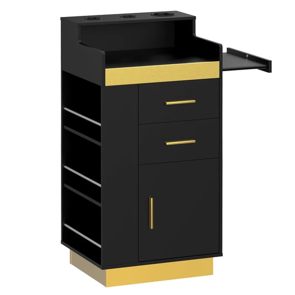 Advwin Salon Station for Hair Stylist, Barber Station with 2 Drawers, Tool Holders, Slide-Out Tray & Cabinet, Salon Storage Systems Hair Styling Station for Barbershop, Beauty Salon & Home, Black