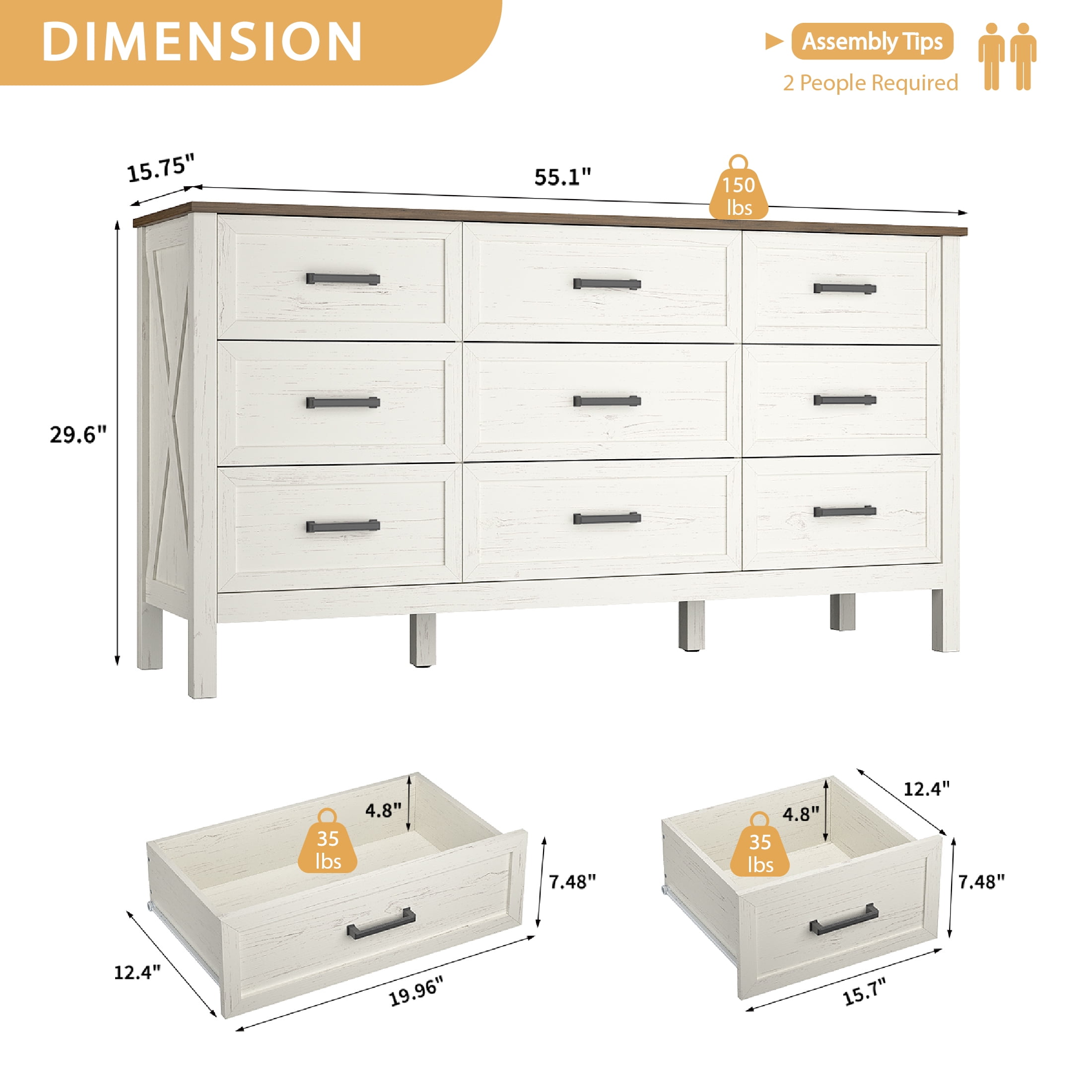 YouTrend 9 Drawer Farmhouse Dresser,Wood Adult Rustic Chest of Drawer with Metal Handles for Bedroom Living Room Hallway,Burlywood & White