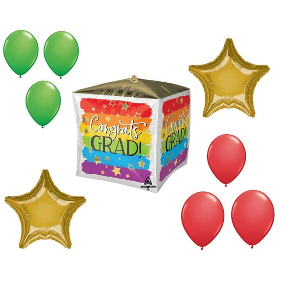 LOONBALLOON Graduation Grad Theme Balloon Set, 15 Inch Cube Grad Painted Rainbow Balloon, Star Foil and 6x Latex Balloons