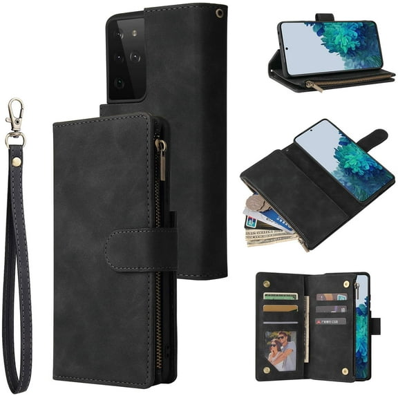 Wallet Case for Samsung Galaxy S21 Ultra, Premium Vintage PU Leather Magnetic Closure Handbag Zipper Pocket Case Kickstand Card Holder Slots with Wrist Strap TPU Shockproof Flip Case - Black