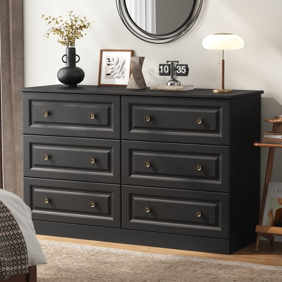 IDEALSOUL 6 Drawer Dresser, Black Chest of Drawer with Large Storage Space, Dresser for Bedroom, Living Room, Cloakroom