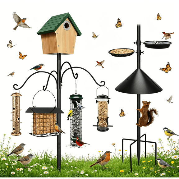 Umailgoo 92" Bird Feeder Pole with Squirrel Proof Baffle & 4 Shepherds Hooks- Adjustable Heavy Duty Bird House Feeding Station Stand Kit with 5-Prong Anchor for Outdoor Garden