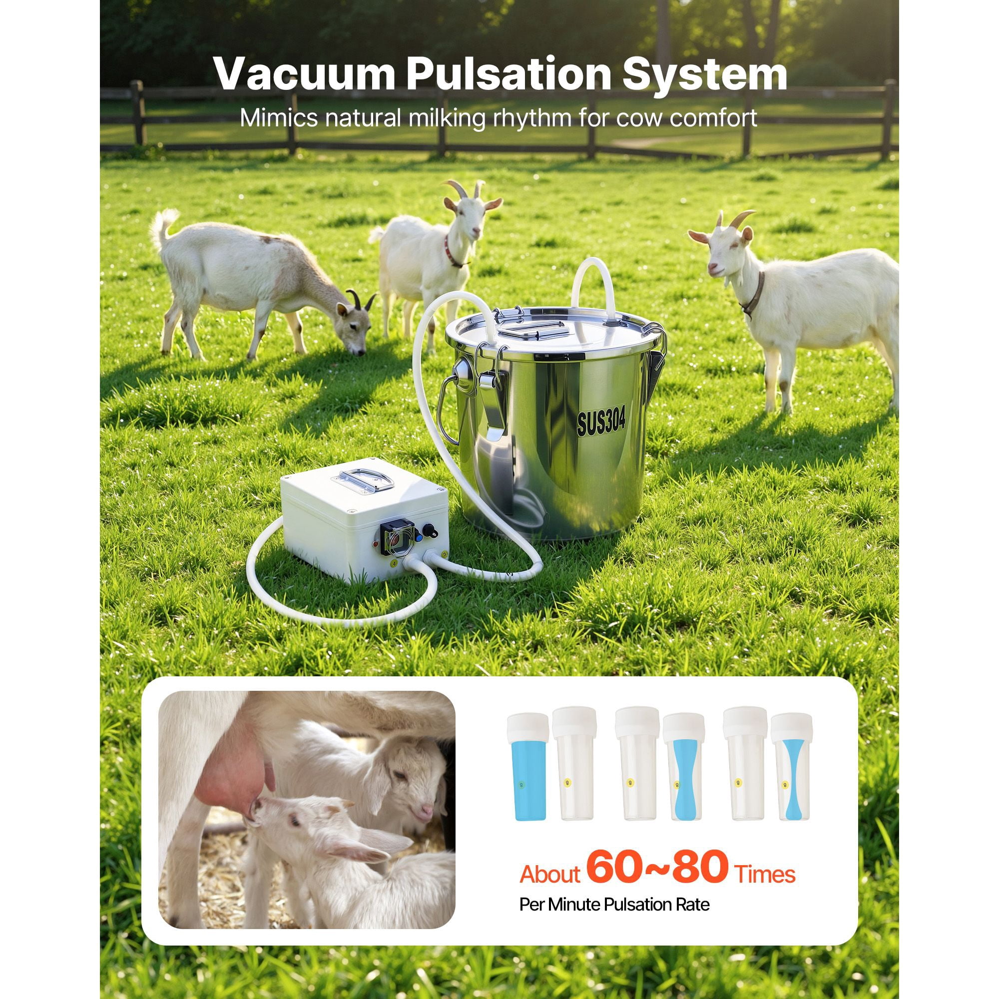 Cordless Goat Milking Machine with 5200mAh Battery, 0.8 Gal Stainless Steel Bucket, 2 Teat Cups, Adjustable Suction 35-45 kPa