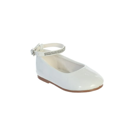 White Patent Ankle Straps - Girls White Patent Rhinestone Encrusted Ankle Strap Flats
