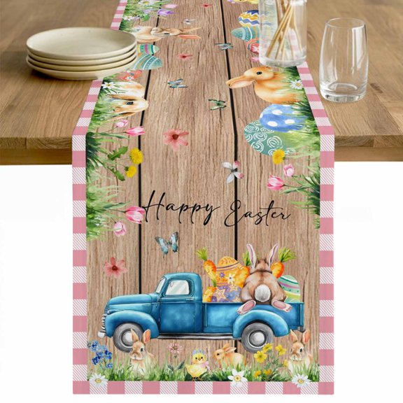 Pink Plaid Easter Table Runner - 70 Inch Long Blue Truck Spring Floral Bunny Wooden Cotton and Linen Blended Dress Scarves Farmhouse Table Runner for Kitchen Dining, Coffee Table, 13" x 70"