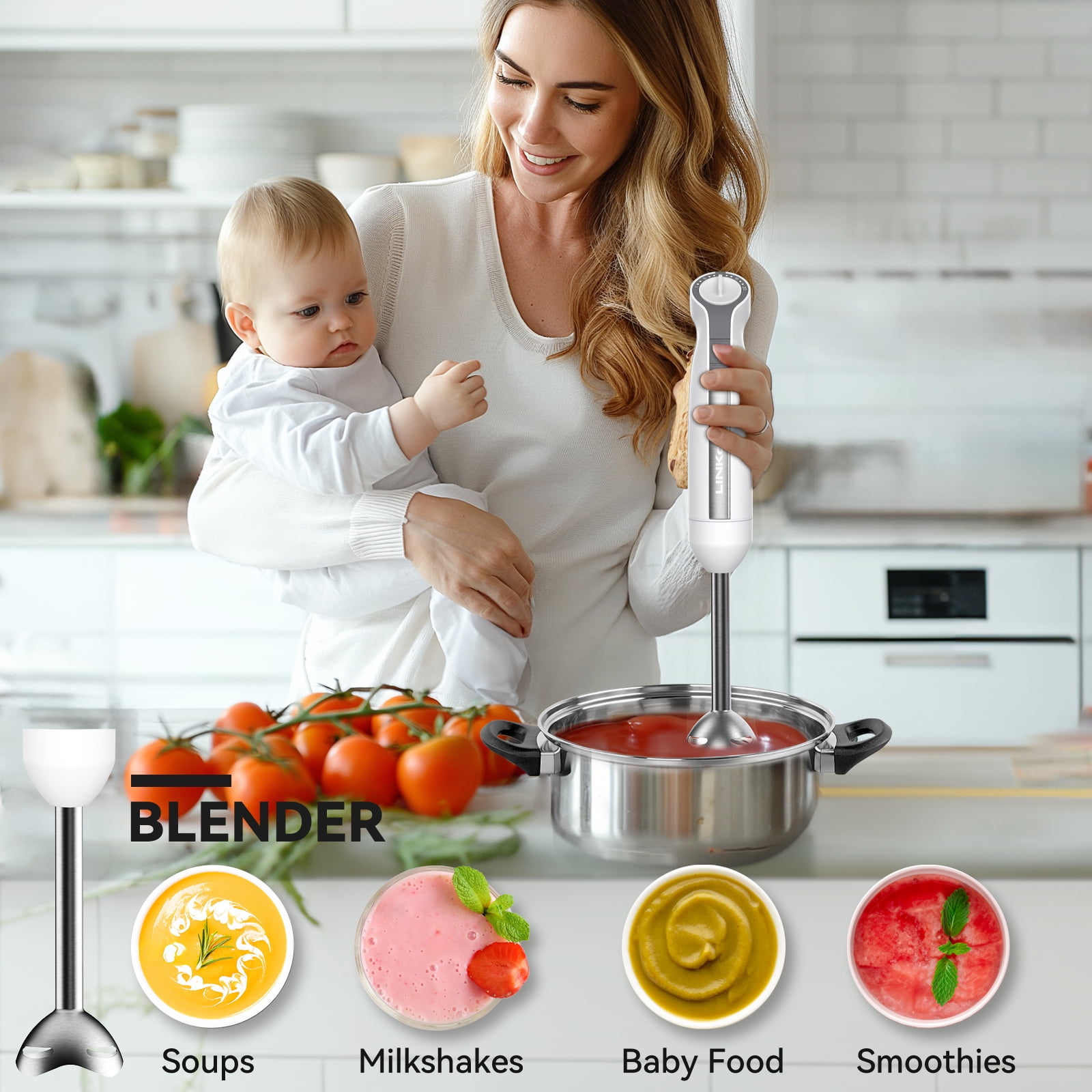 LINKChef Immersion Blender, 20Speed 1000W 5in1 Immersion Hand Blender, Stick Blender with Turbo Mode(图4)