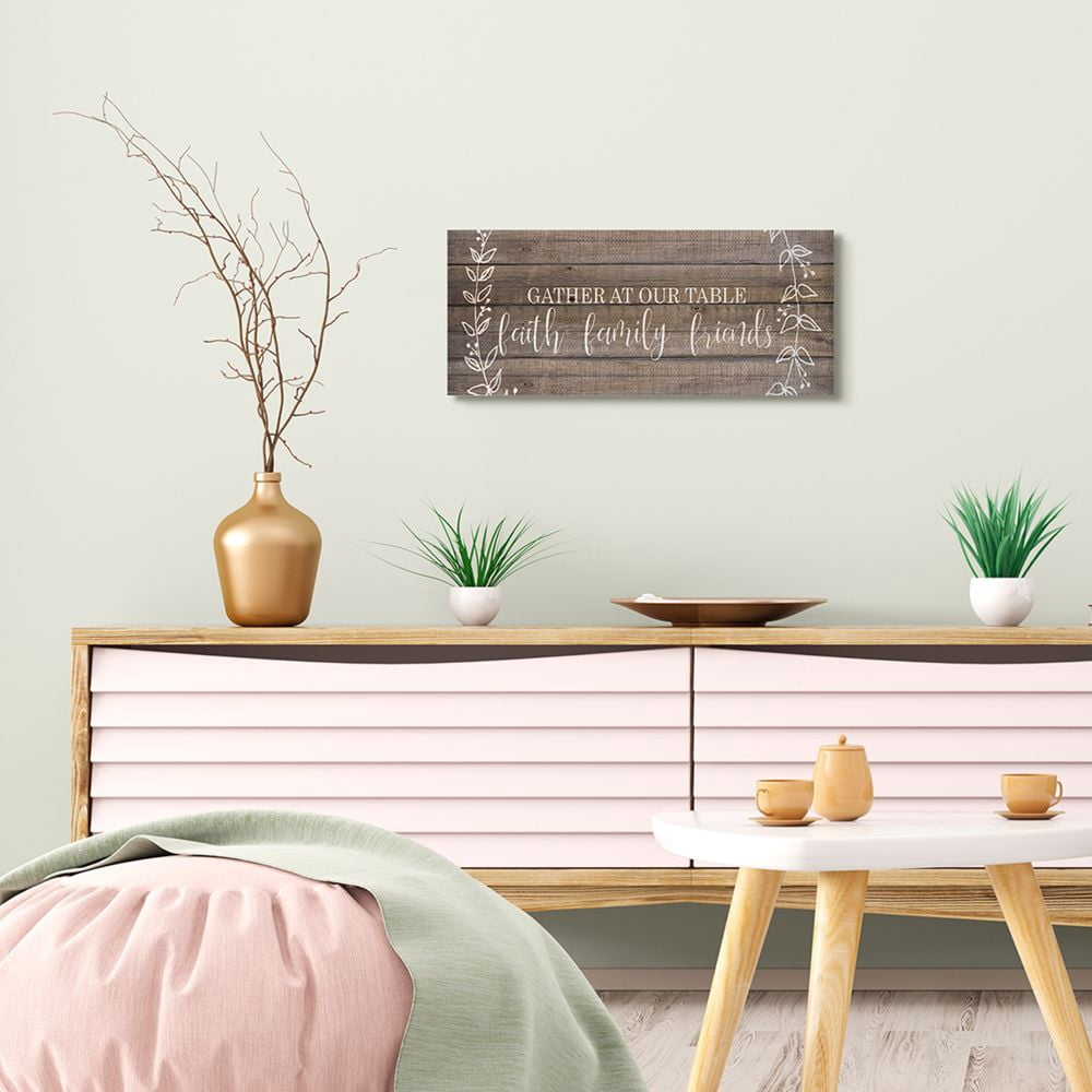 Stupell Industries Faith Family Friends Quote Wood Pattern Rustic Phrase Canvas Wall Art Design by Kim Allen, 10" x 24"