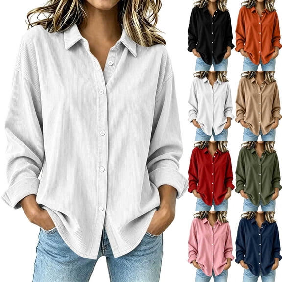 VBVC Women's Corduroy Button Down Shirt , Ladies' Long Sleeve Collared Blouse , Fall Winter Work Tops For Women, S-2XL
