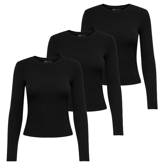 ONLY Camiseta de manga larga para mujer paquete de 3 - ONLRILEY O-NECK TOP, manga larga, cuello redondo, algodón elástico Negro XS (X-Small)