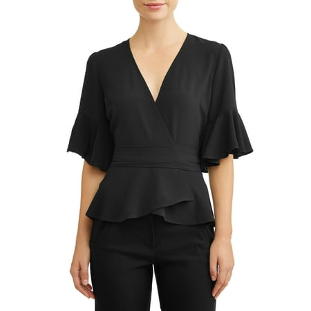 Ruffle Neck Wrap - L.N.V. Women's Ruffle Sleeve Wrap Top