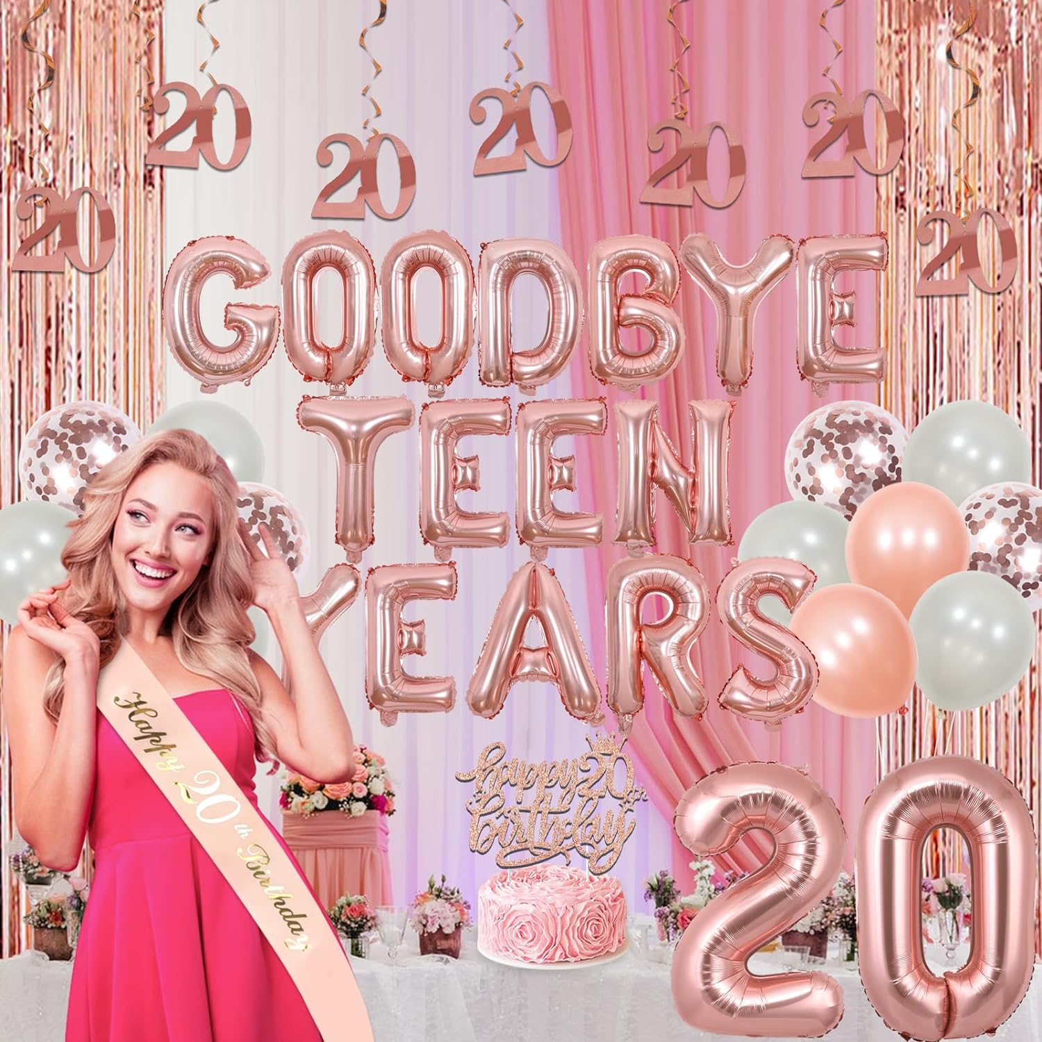 20th Birthday Decorations for Woman Rose Gold Goodbye Teen Years Balloon Banner Happy 20th Birthday Decorations with Happy Birthday Banner Number 20 Foil Balloon Hanging Swirls Sash