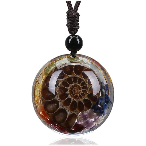 Chakra Healing Crystal Stone Necklace Ammonite Fossil Natural Round Gemstone Spiral Protection Amulet Pendant Necklace for Women Men Jewellery