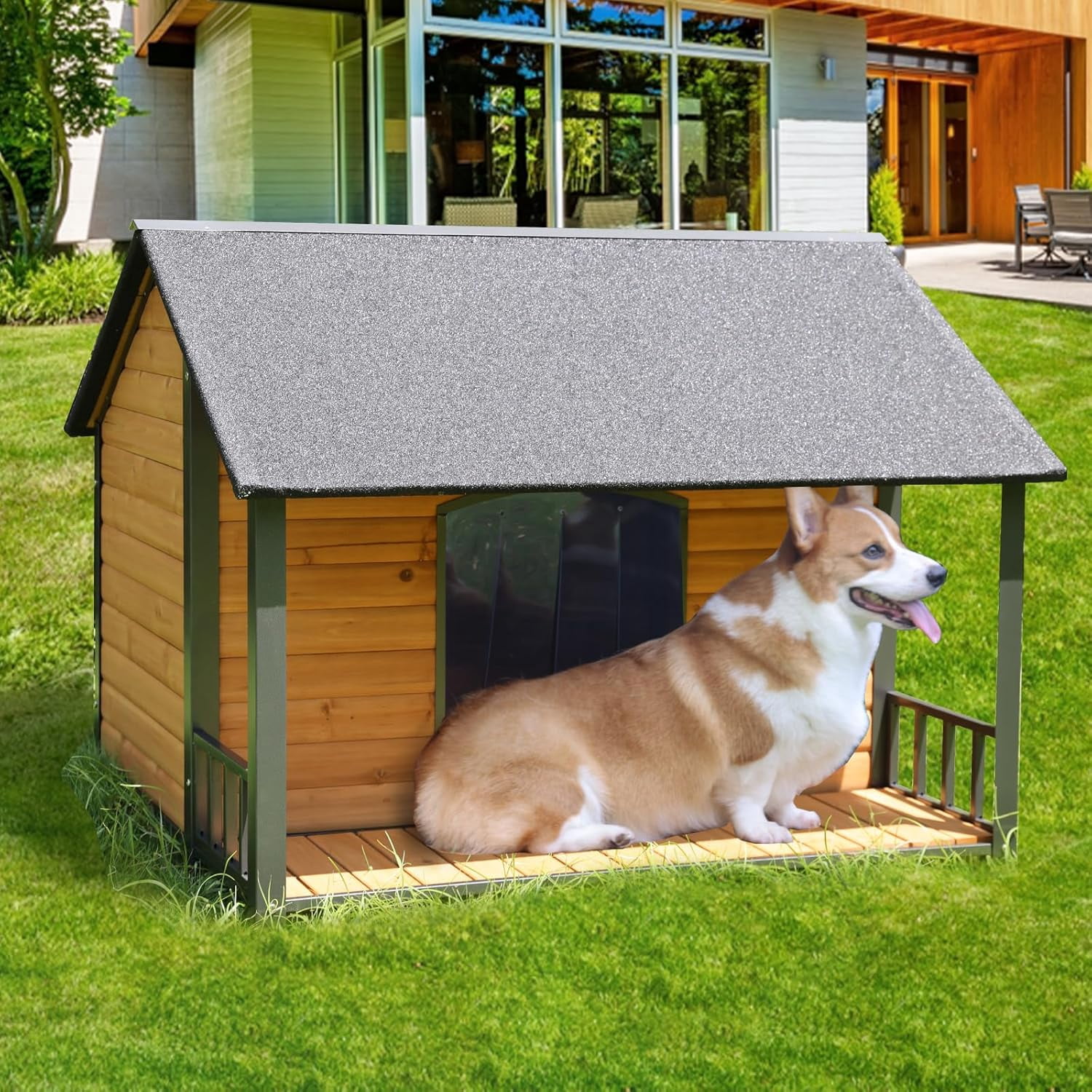 Dog House Outdoor for Large Breed Dogs, Dog Kennel Outside, Weatherproof, Metal Frame Dog Shelter with Elevated Floor and Porch, for Big Dog