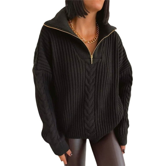 Liacowi Women Juniors Knitted Turtleneck Sweater Long Sleeve Zipper Pullover Retro Jumpers Tops Fall Loose Knitwear for Teen