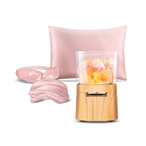 Lomi Lampe Haut-Parleur Bluetooth Sans Fil avec Sel de l'Himalaya + Kit de Sommeil en Satin, Rose