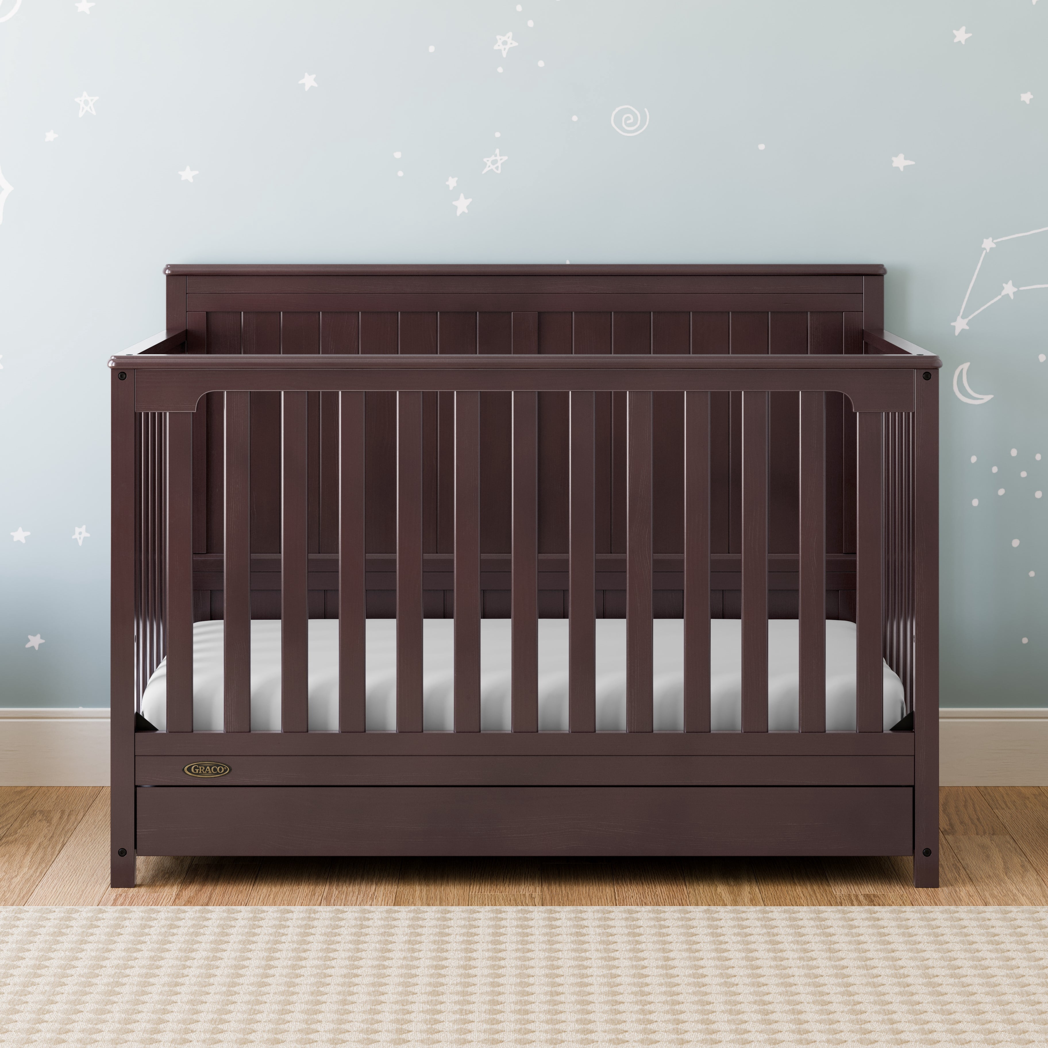 Graco Hadley 5-in-1 Convertible Crib with Drawer and Premium Crib & Toddler Mattress Bundle, Espresso