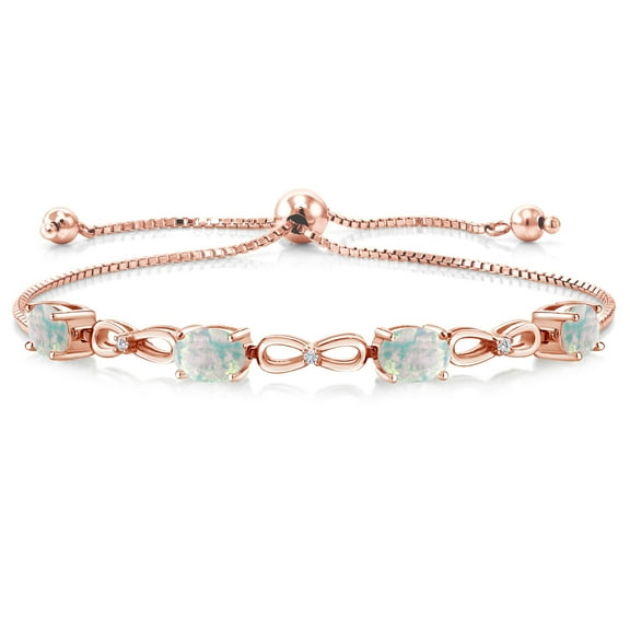 Gem Stone King 4.02 Ct Oval Cabochon White Simulated Opal E-F Lab Grown Diamond 18K Rose Gold Plated Silver Bracelet for Women