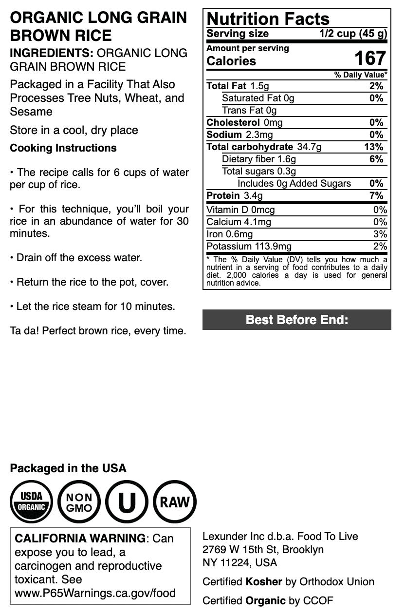 Organic Long Grain Brown Rice, 15 Pounds — Non-GMO, Raw, Vegan, Kosher — by Food to Live