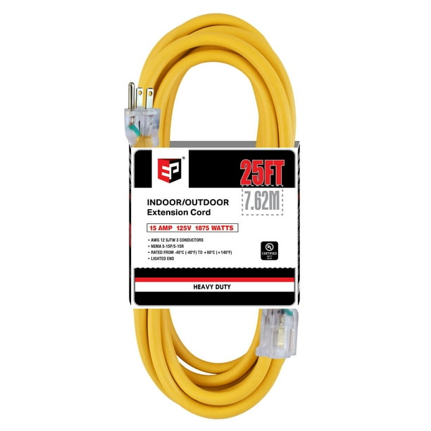 Cable de extensión EP de 7,6 m iluminado para exteriores, 12/3, SJTW, 15 A, 125 V
