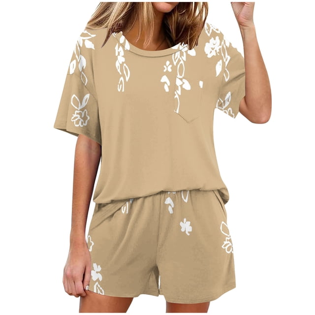 Ensembles de Pyjama pour Femmes à la Mode Décontractés Couleur Unie Manches Courtes Col Rond Haut et Pantalon de Détente