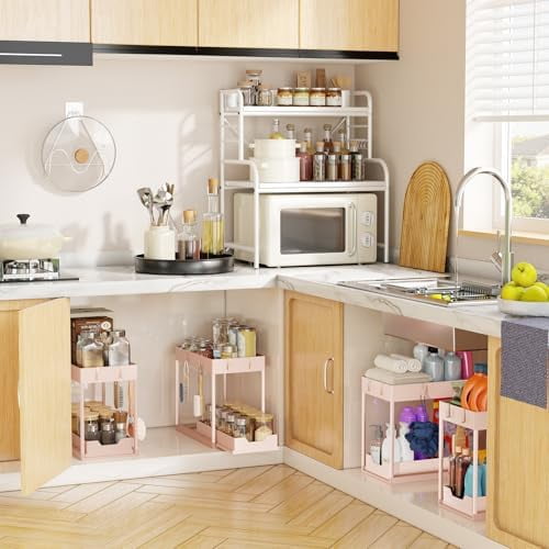 Under Sink Organizer 2 Pack, Sink Pull-Out Sliding Storage Cabinet, 2-Tier Under Shelf Organizer for Kitchen Bathroom, Pink
