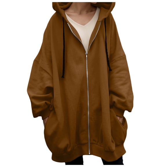 Wangmeiwg Women's Sweatshirts Women's Jacket Winter Warm Zip Up Hooded Long Coat Casual Streetwear Outerwear and Cold Temperatures Coffee M