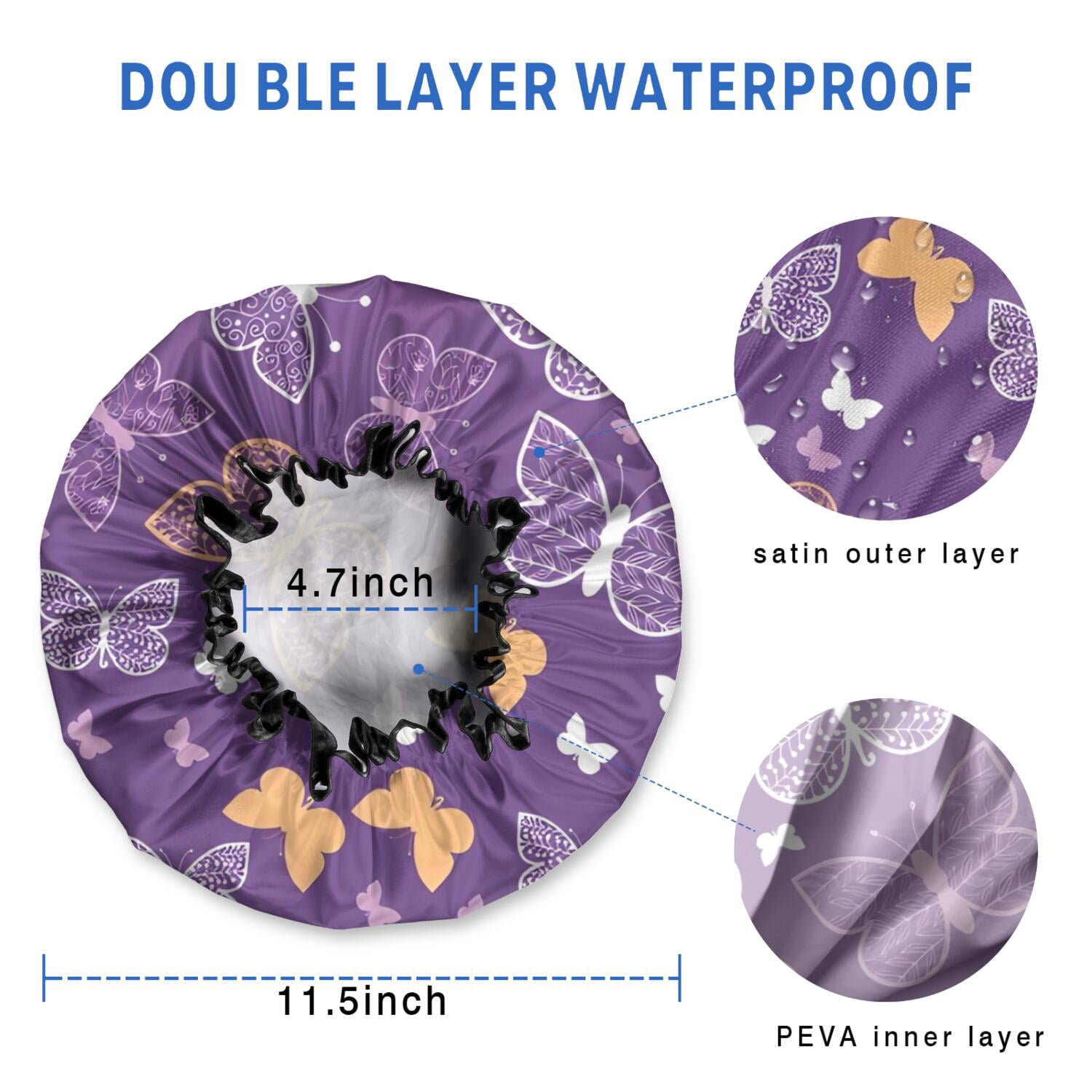 Shower Caps,Purple Orange White Butterfly Pattern Waterproof Shower Cap for Women 4 Pieces,Double Reusable Hair Cover for Shower PEVA Elastic Stretch Hem