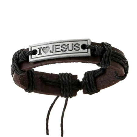 - I Love Jesus Black and Brown Leather Bracelet Christian Religious Jewelry, J-B1