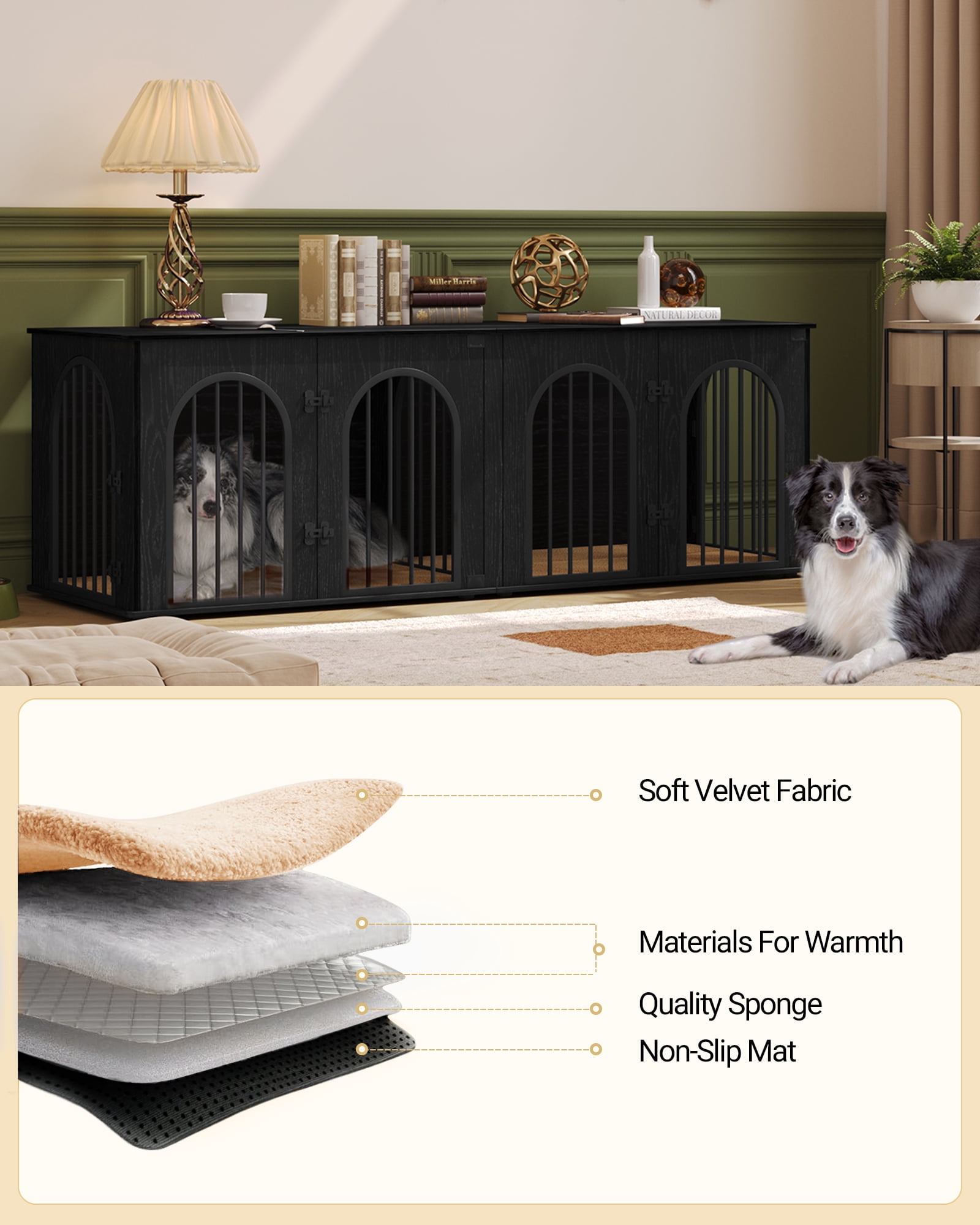 Dog Crate Furniture, 71" Heavy Duty Dog Kennels with Divider, Pads, Side Table, TV Cabinet