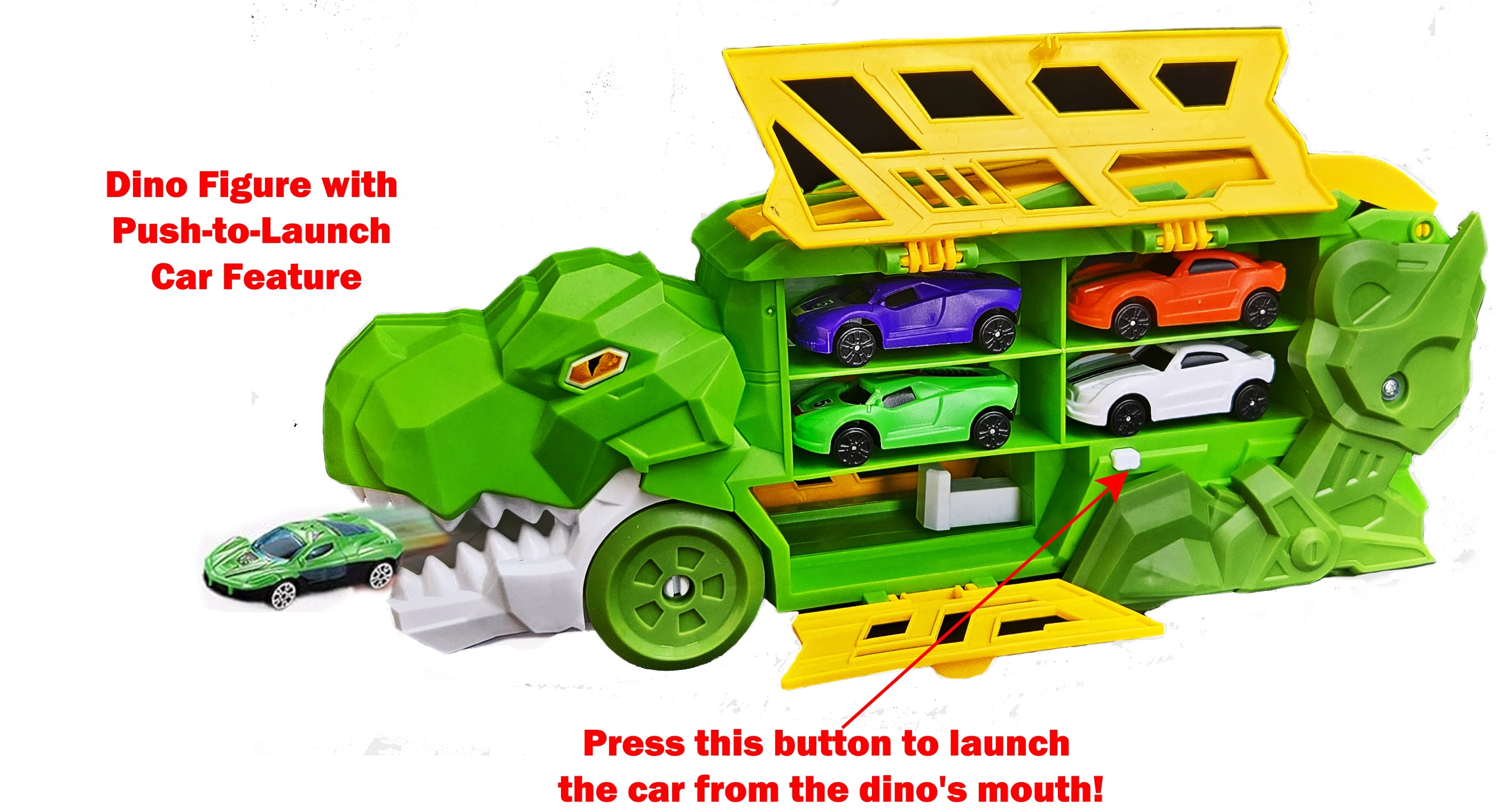 Dinosaur Transporter Truck Toy Combo – Set of 2 (Blue & Green) with 8 Die-Cast Cars – Dino Launcher & Slide-Out Track – Race Playset for Kids Ages 3+