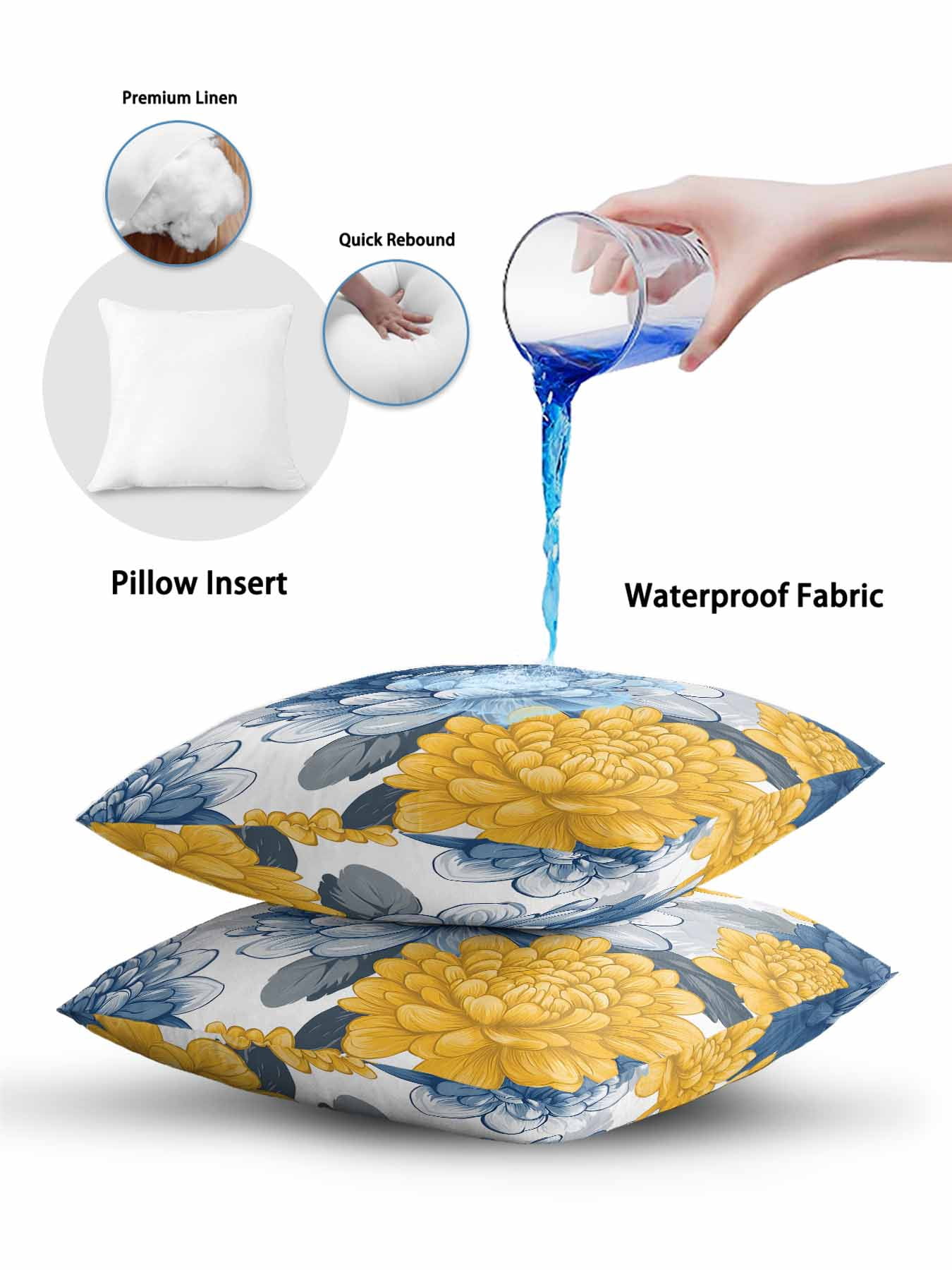 Outdoor Pillows Waterproof, Blue Yellow Spring Floral Bedding Throw Pillows with Insert for Couch Sofa Bed, Summer Botanical Elegant 12x20 Inch Pillowcases Decorative Camping Patio Pillow Set of 1