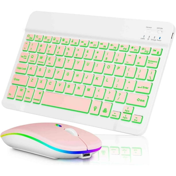 Innotech SC Combo de Teclado y Mouse Bluetooth Recargable Juego de Teclado de Mouse Inalámbrico Compacto Portátil Ultradelgado con Retroiluminación de 7 Colores para Android Windows Tableta Teléfono Celular iPad 13 y Superior - Rosa