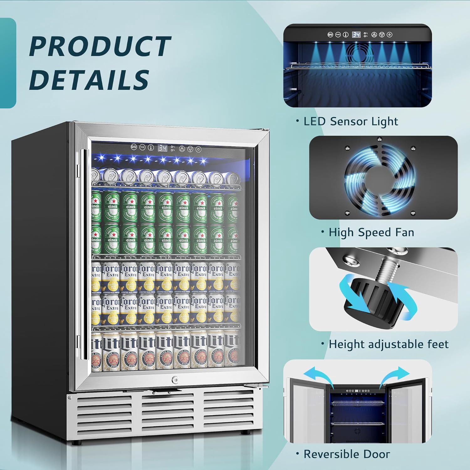 EUHOMY 23.9 Inch Beverage Refrigerator, 179 Can Built-in Beverage Cooler, Under Counter Beer Fridge with Glass Door