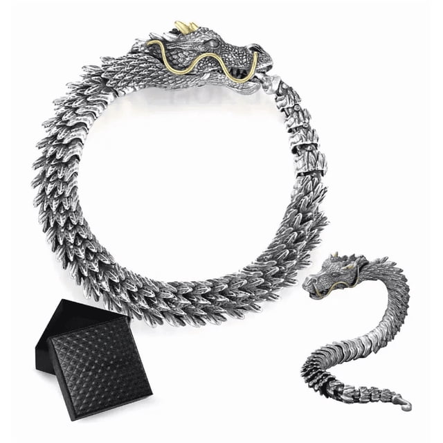 pulsera de hueso de dragón cadena vintage con caja premium xtellar plateado. Pulsera masculina plateada con silueta de cadena de escamas y cabeza de dragón texturizada en aleación de cobre; detalles dorados en cuernos y línea decorativa; disponible en tallas 20 cm y 22 cm; se muestra junto a caja premium negra acolchada, estilo retro ideal para cosplay o uso diario.