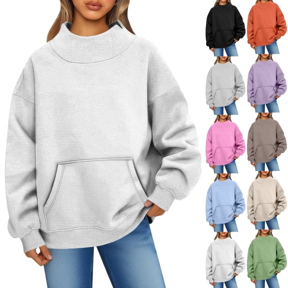 Mock Neck Sweatshirt Women 2026 Fall Fashion Oversized Turtleneck Pullover Fleece Long Sleeve Sweatshirts Tops White M