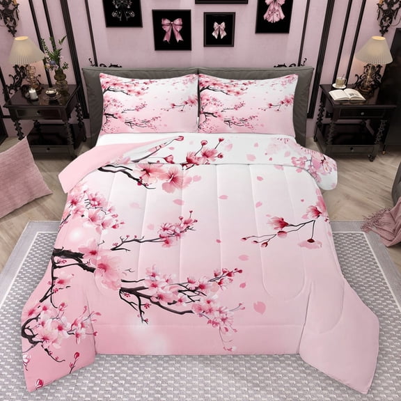 Manfei Chic Flowers Sakura Bedding Comforter Set 2pcs for Teens Adults,Cherry Blossoms Twin Comforter Sets Microfiber,Japanese Style Breathable Bedding Set,Super Cozy Room Decor,Reversible