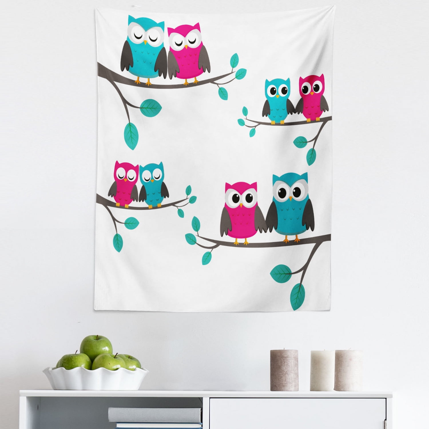 Cartoon Tapestry, Couples of Owls Sitting on Spring Branches Funny