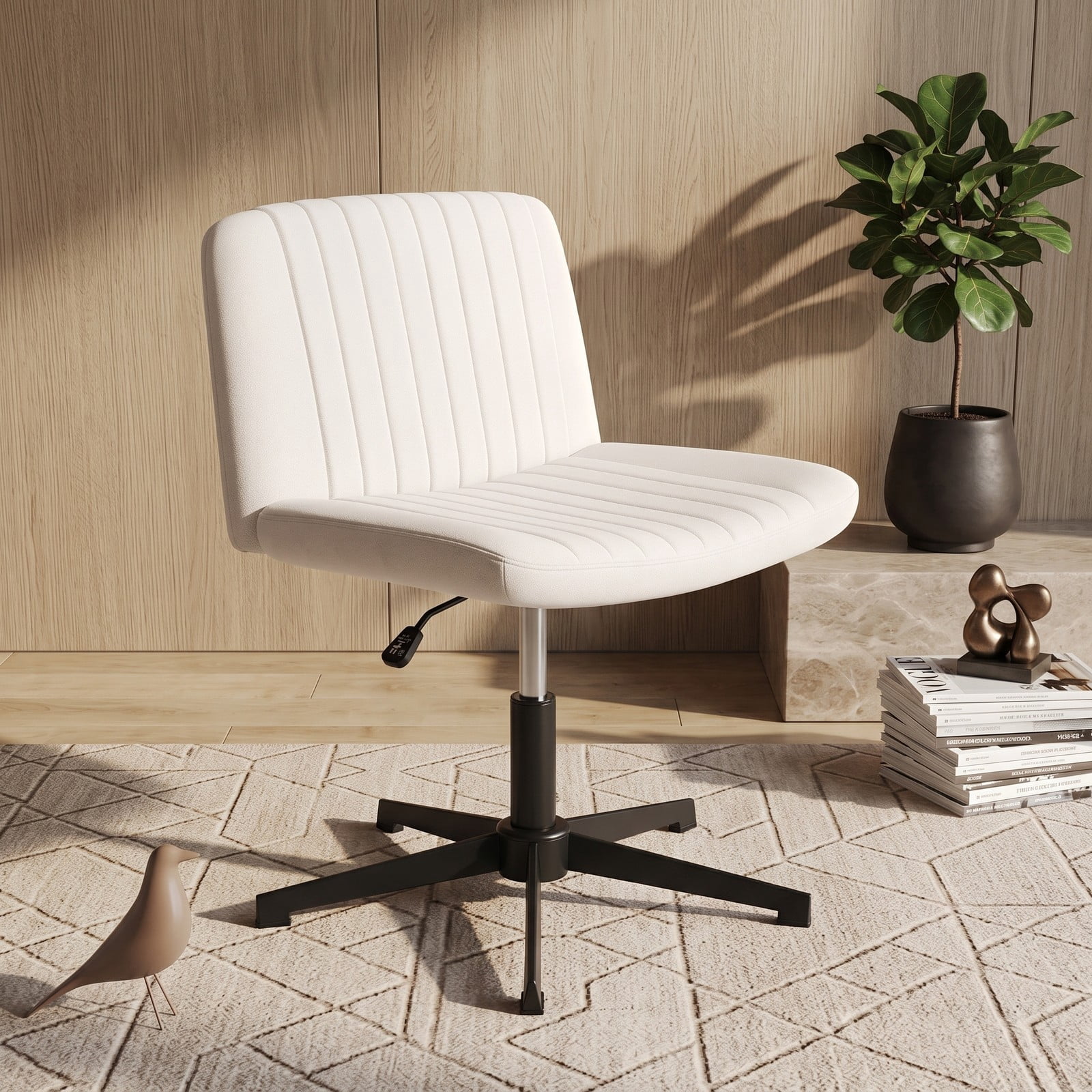 Furnibear Criss Cross Swivel Desk Chair No Wheels, Wide Armless Home Office Task Chair with Linen Upholstery, Height Adjustable Rocking Cross-Legged Accent, Beige